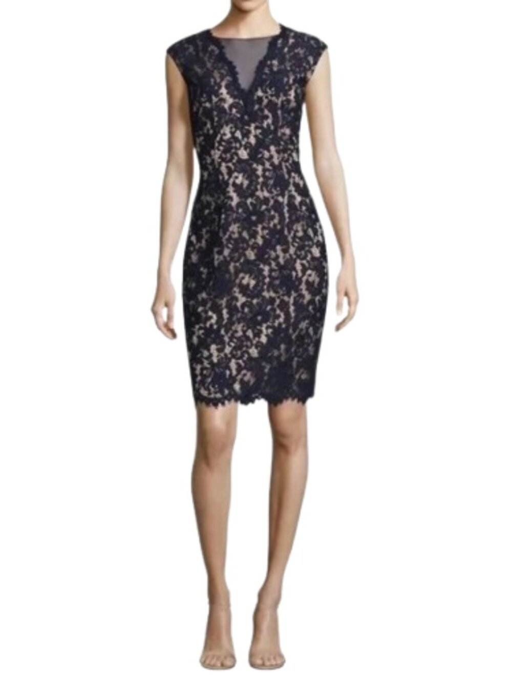 NWT Vince Camuto Womens Size 6 Navy Blue Illusion Lace Sheath Mini Dress NEW